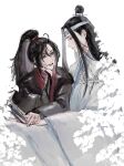  1010923 2boys ahoge black_hair black_hanfu book chinese_clothes closed_mouth grey_eyes hand_on_own_cheek hand_on_own_face hanfu head_rest headband high_ponytail highres holding holding_book holding_hands lan_wangji leaf long_hair long_sleeves looking_at_another male_focus modao_zushi multiple_boys open_book open_mouth plant ponytail reading robe sidelocks signature simple_background sitting sleeves_past_wrists smile topknot twitter_username upper_body wei_wuxian white_background white_hanfu white_headband wide_sleeves xiao_guan_(headdress) yaoi 