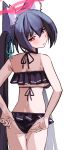  1girl absurdres adjusting_clothes adjusting_swimsuit animal_ear_fluff animal_ears bikini black_bikini black_hair blue_archive cat_ears cat_girl frilled_bikini frills hair_between_eyes hair_ribbon halo highres long_hair looking_back red_eyes red_halo ribbon serika_(blue_archive) serika_(swimsuit)_(blue_archive) sidelocks simple_background solo standing swimsuit tsunderemaids twintails white_background 