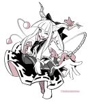  1girl blush blush_stickers bow chain gourd greyscale hair_bow highres horn_ornament horn_ribbon horns ibuki_suika kamenozoki_momomo long_hair looking_at_viewer monochrome one_eye_closed oni open_mouth outstretched_arm red_eyes ribbon shirt simple_background skirt sleeveless smile solo spot_color touhou twitter_username white_background 