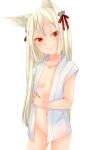  1girl animal_ears bell blonde_hair blush bottomless bow breasts closed_mouth commentary_request cowboy_shot fox_ears fox_girl hair_bell hair_bow hair_ornament head_tilt highres jingle_bell long_hair looking_at_viewer meiko_(nattu303) naked_shirt ninja_(ragnarok_online) open_clothes open_shirt ragnarok_online red_bow red_eyes shirt simple_background small_breasts smile solo thick_eyebrows white_background white_shirt 