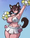  1girl absurdres animal_ear_fluff animal_ears arm_up armpits artist_name bare_shoulders black_choker blue_background blue_eyes bra breasts brown_hair brown_tail checkered_bra checkered_clothes cheerleader choker commentary commission cowboy_shot double-parted_bangs english_commentary flying_sweatdrops hair_between_eyes highres holding holding_pom_poms large_breasts light_blush looking_at_viewer miniskirt mole mole_under_eye multicolored_hair navel one_eye_closed original parted_lips pink_bra pink_hair pink_skirt pom_pom_(cheerleading) saltdrawyou short_hair simple_background skirt smile solo stomach sweat tail twitter_username two-tone_bra two-tone_hair two-tone_skirt two_side_up underwear very_sweaty white_bra white_skirt 