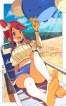  1girl =_(9_yawbus) barefoot beach beach_chair bikini bikini_under_clothes bikini_under_shorts blue_bikini blue_eyes blue_shorts blush breasts closed_eyes collarbone crop_top cup denim denim_shorts drink hair_ornament highres holding holding_cup jumpluff lounging lying midriff navel off-shoulder_shirt off_shoulder official_alternate_costume on_back one_side_up open_mouth outdoors pokemon pokemon_(creature) pokemon_masters_ex red_hair shirt shorts sidelocks sky skyla_(pokemon) skyla_(summer_2025)_(pokemon) smile soles solo swimsuit teeth 