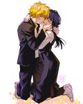  1boy 1girl absurdres black_dress black_hair black_jacket black_pants blonde_hair chainsaw_man closed_eyes couple denji_(chainsaw_man) dress english_commentary fourth_east_high_school_uniform gakuran hetero highres imminent_kiss jacket kneeling kwadarth long_hair mitaka_asa pants pinafore_dress school_uniform short_hair simple_background sleeveless sleeveless_dress white_background 