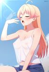  1girl absurdres ahoge bare_shoulders blue_shorts blue_sky blush breasts cleavage closed_eyes collarbone colored_tips commentary covered_nipples day dsuzu fanning_face fanning_self fingernails highres hot long_hair midriff multicolored_hair navel open_mouth orange_hair pink_hair see-through_clothes see-through_silhouette see-through_tank_top shorts sky solo stomach sunlight sweat tank_top thighs twitter_username two-tone_hair wakatsuki_niko white_tank_top witch_watch 
