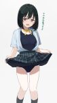  1girl absurdres blue_one-piece_swimsuit blue_shirt blue_skirt blush clothes_lift fang green_hair highres lifting_own_clothes love_live! love_live!_nijigasaki_high_school_idol_club mifune_shioriko neck_ribbon nijigasaki_school_uniform one-piece_swimsuit open_clothes open_mouth open_shirt red_eyes ribbon school_uniform shirt skirt skirt_lift smile solo swimsuit tata_(tataice) translation_request 