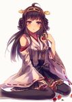  ahoge bad_id bad_pixiv_id bare_shoulders brown_hair cherry detached_sleeves double_bun food fruit hair_ornament hairband highres japanese_clothes kantai_collection kongou_(kantai_collection) long_hair magicpants nontraditional_miko sitting skirt solo thighhighs wariza white_background 