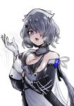  1girl arknights bare_shoulders black_dress blush breasts detached_sleeves dress eyepatch geist43195783 gloves grey_hair hair_ornament hat highres large_breasts looking_at_viewer medical_eyepatch nurse_cap one_eye_covered open_mouth purple_eyes short_hair simple_background solo suggestive_fluid whisperain_(arknights) white_background white_gloves x_hair_ornament 
