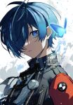 1boy armband black_jacket black_ribbon blue_butterfly blue_eyes blue_hair bug butterfly english_text hair_between_eyes hair_over_one_eye high_collar highres jacket light_particles looking_at_viewer male_focus neck_ribbon one_eye_covered parted_lips persona persona_3 persona_3_reload red_armband revision ribbon shirt signature solo teeth twitter_username upper_body watermark white_background white_shirt yuuki_makoto_(persona_3) zeka_(skzk_cm) 