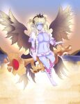  1girl angel bad_link black_headdress black_wings blonde_hair blue_skin blunt_bangs blush breasts closed_mouth colored_sclera colored_skin double_bun feathered_wings floating frilled_nightgown frilled_panties frills gloves glowing glowing_wings green_eyes green_sclera hair_bun hair_over_shoulder highres instrument lake large_breasts long_hair monster_girl monster_girl_encyclopedia naughty_face nightgown open_clothes panties pointy_ears salpinx_(monster_girl_encyclopedia) smile solo trumpet twintails underwear white_gloves wings 