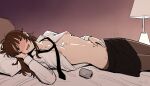  1girl absurdres black_necktie black_pantyhose black_skirt blush breasts brown_eyes brown_hair can choppy_bangs commentary_request desk_lamp drunk female_pubic_hair hand_on_own_face head_on_pillow highres lamp large_areolae long_sleeves lying messy_hair navel necktie nipples office_lady on_back on_bed on_side open_clothes open_mouth open_shirt original pantyhose pencil_skirt pillow pubic_hair redcalypso shirt sidelocks skirt small_breasts solo sweat tongue tongue_out undone_necktie white_shirt 