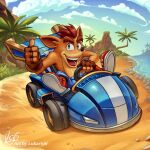  2025 activision anthro arm_tuft bandicoot bottomwear car clothing crash_bandicoot crash_bandicoot_(series) eyebrows fingerless_gloves footwear fur gesture gloves green_eyes hair hand_gesture handwear hi_res lukart96 male mammal marsupial open_mouth open_smile orange_body orange_fur outside pants shoes shoulder_tuft smile solo thumbs_up tuft vehicle 