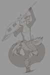  anthro canine clothed clothing fox greyscale male mammal monochrome polearm rodent schitzofox shield sketch solo spear squirrel topless tribal 