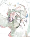  1girl animal_print black_hair blue_butterfly breasts bug butterfly butterfly_hair_ornament butterfly_print floating floating_hair hair_ornament haori highres holding holding_sword holding_weapon japanese_clothes kanji_(nievart) katana kimetsu_no_yaiba kochou_shinobu multicolored_hair open_clothes original purple_butterfly purple_eyes purple_hair red_butterfly shadow single_bare_leg sketch solo sword two-tone_hair underlighting weapon yellow_butterfly 