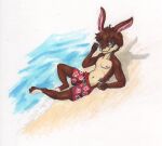 anthro beach beverage blue_eyes brown_body brown_fur clothing espressovulpes eyewear eyewear_on_head fur hi_res lagomorph leporid looking_at_viewer male mammal nipples rabbit sixtybun_(sixty) solo sunglasses sunglasses_on_head swimming_trunks swimwear