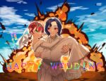  1boy 1girl amate_yuzuriha aqua_eyes bare_shoulders blue_hair blush breasts bridal_veil bride carrying carrying_person colored_inner_hair couple dress elbow_gloves explosion explosion_background flower gloves groom gundam gundam_gquuuuuux hair_flower hair_ornament happy_wedding hetero highres holding husband_and_wife long_sleeves multicolored_hair open_mouth pants princess_carry purple_hair red_eyes red_hair satsuki_(popopomama_52) shirt short_hair shuji_ito smile smoke strapless strapless_dress suit sweatdrop tuxedo two-tone_hair veil wedding wedding_dress white_dress white_gloves white_shirt 