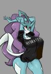 absurd_res anthro anthrofied artist_name black_clothing black_shirt black_topwear blue_body blue_clothing blue_fur blue_underwear blush blush_stickers bodily_fluids bottomwear breasts clothed clothing digital_drawing_(artwork) digital_media_(artwork) english_text exclamation_point female fur generation_2_pokemon grey_background hair head_crest hi_res leg_markings legendary_pokemon long_hair looking_up markings multicolored_body multicolored_fur nintendo pokemon pokemon_(species) pokemorph pose purple_hair red_eyes ribbons_(anatomy) ryusui_(snoutless) shirt simple_background smile snoutless solo standing stretching stretching_arms suicune sweat sweatdrop text text_on_clothing text_on_shirt text_on_topwear thick_thighs three-quarter_view topwear two_tone_body two_tone_fur underwear water white_body