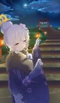  1girl :d ^_^ absurdres backlighting blue_archive blue_kimono bow braid cherry_blossom_print chinese_commentary closed_eyes cloud commentary_request cowboy_shot crescent_moon facing_viewer floral_print floral_print_kimono flower fur-trimmed_kimono fur_trim grass grey_hair grin hair_bow hair_bun hair_flower hair_ornament halo hands_up happy haruna_(blue_archive) haruna_(new_year)_(blue_archive) highres japanese_clothes kanzashi kimono lantern lcz long_sleeves medium_hair moon new_year night night_sky official_alternate_costume official_alternate_hairstyle orange_halo outdoors pink_flower print_kimono scenery single_braid single_hair_bun sky smile solo stairs torii white_bow wide_sleeves wooden_lantern 
