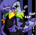 blush bodily_fluids breath clothed clothing darkner deltarune digital_media_(artwork) drooling english_text erection fool&#039;s_hat genital_fluids genitals gloves hair handwear hat headgear headwear humanoid humanoid_genitalia humanoid_penis humanoid_pointy_ears imp jester jester_outfit jevil_(deltarune) low_res male mammal masturbation not_furry onomatopoeia panting penile penile_masturbation penis pixel_(artwork) pointy_ears precum pubes saliva sharp_teeth simple_background solo sound_effects tail teeth text undertale_(series) yoshimister