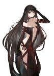  1girl absurdres arm_strap bare_shoulders black_dress black_gloves breasts brown_hair center_opening choker cleavage collarbone dress earrings elbow_gloves fate/grand_order fate_(series) gloves grey_eyes highres jewelry long_hair medium_breasts navel ribbon-trimmed_dress ribbon_trim solo toi8 very_long_hair yu_mei-ren_(fate) yu_mei-ren_(second_ascension)_(fate) 