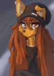 2025 anthro apogee_(tinygaypirate) brown_eyes brown_hair canid canine canis clothed clothed_anthro clothed_female clothing countershade_torso countershading digital_media_(artwork) domestic_dog ear_piercing female front_view fur gauged_ear hair hat headgear headwear hi_res inner_ear_fluff looking_at_viewer mammal neck_tattoo one_ear_up piercing simple_background solo tan_body tan_fur tattoo tinygaypirate topwear tuft