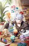  3boys 6+girls :p absurdres aglaea_(honkai:_star_rail) anaxa_(honkai:_star_rail) animal_ears antenna_hair aqua_eyes aqua_hair armor black_choker black_shirt blonde_hair blue_eyes braid castorice_(honkai:_star_rail) cat_ears cat_girl chibi chinese_commentary choker cipher_(honkai:_star_rail) coat commentary_request dress eyepatch gradient_hair hair_between_eyes highres holding_chibi honkai:_star_rail honkai_(series) hood hood_up hyacine_(honkai:_star_rail) laurel_crown little_ica_(honkai:_star_rail) medium_hair multicolored_hair multiple_boys multiple_girls mydei_(honkai:_star_rail) neck_tattoo o8622 parted_bangs pauldrons phainon_(honkai:_star_rail) pink_hair plant potted_plant purple_eyes purple_hair red_hair shirt short_hair shoulder_armor side_braid single_pauldron stomping sun_symbol sun_tattoo sunlight tattoo thread tongue tongue_out tribbie_(honkai:_star_rail) white_coat white_dress white_hair window 