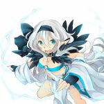  1girl black_gloves black_hairband blue_eyes breasts cleavage commentary_request detached_sleeves dress electricity electrokinesis feet_out_of_frame fingerless_gloves fur_collar gloves grey_hair hair_between_eyes hairband large_breasts long_bangs long_hair looking_at_viewer meiko_(nattu303) open_mouth pointy_ears ragnarok_online ribbon-trimmed_thighhighs ribbon_trim simple_background sleeveless sleeveless_dress solo sorcerer_(ragnarok_online) thighhighs v-shaped_eyebrows white_background white_dress white_sleeves 