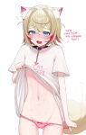  1girl absurdres aiming animal_collar animal_ear_fluff animal_ears black_collar blonde_hair blue_eyes blush bow bow_panties clothes_lift collar commentary dog_ears dog_girl dog_tail english_text fang highres hololive hololive_english long_shirt looking_at_viewer medium_hair migokami mococo_abyssgard multicolored_hair navel nose_blush open_mouth panties pink_bow pink_hair pink_nails pink_panties polka_dot polka_dot_panties pulling_own_clothes shirt shirt_lift simple_background skin_fang solo spiked_collar spikes stomach streaked_hair tail underwear undressing virtual_youtuber white_background white_shirt 