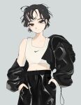  1girl black_eyes black_hair black_jacket black_pants bright_pupils closed_mouth collarbone commentary crop_top eyelashes grey_background hands_in_pockets highres jacket lee_joo-young midriff mole mole_above_mouth mole_on_collarbone mole_under_eye multiple_moles navel nike_(company) open_clothes open_jacket pants photo-referenced r0bou real_life shirt short_hair simple_background single_bare_shoulder single_off_shoulder sleeveless sleeveless_shirt solo twitter_username very_short_hair white_pupils white_shirt 