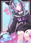  1girl :3 aqua_hair artist_name black_hair chest_harness choker earrings finana_ryugu finana_ryugu_(jirai_kei) fins fish_skeleton_hair_ornament hair_ornament hairclip harness head_fins heart highres jewelry knees_together_feet_apart light_smile looking_at_viewer loose_socks maid_headdress mu_ank multicolored_hair nijisanji nijisanji_en o-ring o-ring_choker petting pink_hair pink_nails purple_eyes ryuguard_(finana_ryugu) scales sitting socks sparkle streaked_hair virtual_youtuber 
