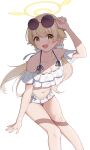  1girl absurdres adjusting_eyewear bikini blue_archive eyewear_on_head frilled_bikini frills hair_ornament halo hand_on_eyewear hifumi_(blue_archive) hifumi_(swimsuit)_(blue_archive) highres jing_(947728534) low_twintails off-shoulder_bikini off_shoulder official_alternate_costume open_mouth ribbon-trimmed_bikini ribbon-trimmed_swimsuit ribbon_trim round_eyewear ruffle_bikini smile solo sunglasses swimsuit twintails white_background white_bikini wing_hair_ornament winged_halo yellow_halo 