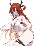  1girl absurdres arknights ass black_horns blush breasts cleavage commentary cowboy_shot food food_in_mouth gradient_hair hair_between_eyes hair_intakes hand_on_own_hip highres horns long_hair long_sleeves looking_at_viewer medium_breasts mouth_hold multicolored_eyes multicolored_hair navel orange_hair pink_eyes popsicle popsicle_in_mouth purple_eyes red_hair sikakuinasu simple_background solo surtr_(arknights) surtr_(colorful_wonderland)_(arknights) swimsuit_cover-up two-tone_eyes two-tone_hair white_background 
