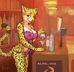  bar beverage blush breasts cheetah cleavage clothed clothing feline female leopard lingerie looking_at_viewer mammal meesh sketch skimpy solo standing translucent transparent_clothing 