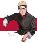  1boy bandaged_arm bandages black_jacket blonde_hair blue_eyes boruto:_naruto_next_generations closed_mouth forehead_protector highres jacket konohagakure_symbol long_sleeves male_focus naruto_(series) ninja red_background smile solo spiked_hair two-tone_background uzumaki_naruto white_background zifletts 