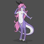  black_nipples blush blush_(artist) claws cub dragon female fur hair horn navel nipples pink_(character) pink_hair plain_background purple_fur pussy solo standing tongue young 