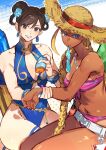  2girls applying_sunscreen belt bikini black_hair blonde_hair blue_eyes blue_one-piece_swimsuit bracelet braid braided_hair_rings breasts brown_eyes brown_hair cammy_white chun-li commentary dark-skinned_female dark_skin earrings flower hair_flower hair_ornament hair_rings hat highleg highleg_one-piece_swimsuit highres jewelry looking_at_viewer loose_belt lotion multiple_girls official_alternate_costume official_alternate_hairstyle one-piece_swimsuit pink_bikini smile strapless strapless_bikini straw_hat street_fighter street_fighter_6 sunscreen swimsuit symbol-only_commentary tan tanlines thighs twintails white_belt yumi_xsh 
