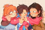  1boy 2girls :d \||/ bandaid bandaid_on_face black_eyes black_gloves blue_coat blue_overalls blush brown_hair brown_sweater clenched_hand coat commissioner_insert fingerless_gloves gloves grid_background grin hair_bun hair_slicked_back hand_on_own_face highres main_character_(our_life) multiple_girls nobi33ka orange_hair orange_sweater our_life our_life:_now_and_forever outstretched_hand overalls qiu_lin_(our_life) red_scarf scarf shared_clothes shared_scarf smile sweater swept_bangs tamarack_baumann 