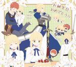  1boy 1girl armor artist_name artoria_pendragon_(fate) blonde_hair blouse blue_bow blue_skirt boots bow breastplate bun_with_braided_base cake caliburn_(fate) candle carrying chibi closed_eyes dated emiya_shirou fate/stay_night fate_(series) flower food fruit gauntlets green_eyes highres holding holding_sword holding_weapon lace-up_boots leather leather_boots open_mouth orange_hair planted planted_sword princess_carry raglan_sleeves saber_(fate) seraphu00 shirt skirt smile strawberry strawberry_cake sword weapon white_shirt 