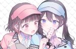  2girls blue_eyes blue_neckerchief blue_shirt blue_visor blush brown_hair character_request closed_mouth commentary_request commission copyright_request food hand_up highres holding holding_food holding_ice_cream holding_tray ice_cream kumo_tabetai long_hair looking_at_food low_twintails medium_hair multicolored_hair multiple_girls neckerchief open_mouth pink_eyes pink_hair pink_neckerchief pink_shirt pink_visor pout shirt tray twintails 