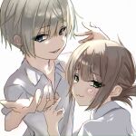  1boy 1girl :3 absurdres ajft52o4jw30403 backlighting blue_eyes blush brown_hair closed_mouth collared_shirt eyes_visible_through_hair fang folded_ponytail furrowed_brow green_eyes hair_between_eyes hands_up hashtag-only_commentary heart highres looking_at_viewer looking_back making_faces mamiya_takuji medium_hair middle_finger parted_lips school_uniform shirt short_hair short_sleeves simple_background sketch smile subarashiki_hibi tachibana_kimika tsurime upper_body white_background white_shirt 