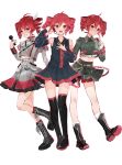  3girls :d ahoge arm_up bare_shoulders black_boots black_shirt black_skirt black_sleeves boots breast_pocket buttons collared_shirt detached_sleeves drill_hair full_body grey_jacket grey_skirt grin hair_between_eyes hair_ribbon hand_up hashtag-only_commentary headphones highres holding holding_microphone jacket kasane_teto kasane_teto_(sv) kasane_teto_(utau) kasane_teto_(voicepeak) lace-up_boots long_sleeves looking_at_viewer microphone midriff multicolored_boots multiple_girls number_tattoo open_mouth pocket red_eyes red_hair red_nails ribbon shirt shoulder_belt simple_background skirt sleeveless sleeveless_shirt smile sound_wave standing synthesizer_v tattoo thigh_boots tu_gumi twin_drills twintails two-tone_boots two-tone_shirt two-tone_skirt utau voicepeak white_background white_ribbon 