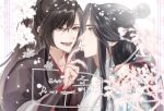  1010923 2boys bishounen black_hair black_hanfu blurry branch cherry_blossoms chinese_clothes falling_petals finger_to_another&#039;s_mouth flower grey_eyes hand_on_another&#039;s_shoulder hanfu headband high_ponytail lan_wangji long_hair long_sleeves looking_at_another male_focus modao_zushi multiple_boys open_mouth parted_lips petals pink_flower ponytail robe sidelocks sleeves_past_wrists smile topknot twitter_username upper_body watermark wei_wuxian white_hanfu white_headband yaoi yellow_eyes 