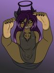  5_toes anthro anus black_nose breasts chest_tuft claws fangs female fur hair hi_res horn long_hair looking_at_viewer navel nipples open_mouth purple_hair pussy small_breasts solo spread_legs spreading tanuki tanukiyasha toe_claws toes tuft yellow_eyes 