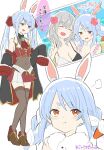  2girls :d ^_^ animal_ear_fluff animal_ears bare_shoulders bikini black_bikini black_jacket blue_hair blush boots braid breasts brown_boots brown_leotard carrot_hair_ornament cleavage closed_eyes commentary_request cosplay covered_navel cropped_jacket flower food-themed_hair_ornament grey_hair grey_thighhighs hair_flower hair_ornament hair_ribbon hand_up head_tilt highres hololive houshou_marine houshou_marine_(1st_costume) houshou_marine_(cosplay) jacket kiritoma large_breasts leotard leotard_under_clothes long_sleeves multicolored_hair multiple_girls open_clothes open_jacket orange_eyes pink_bikini pink_flower pleated_skirt rabbit-shaped_pupils rabbit_ears red_jacket red_ribbon red_skirt ribbon shirogane_noel signature simple_background skirt sleeveless sleeveless_jacket sleeves_past_fingers sleeves_past_wrists smile swimsuit symbol-shaped_pupils thighhighs translation_request twin_braids twintails two-tone_hair usada_pekora usada_pekora_(1st_costume) virtual_youtuber w white_background white_bikini white_hair 
