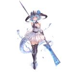  1girl alpha_transparency armored_boots blue_hair boots breasts derivative_work detached_sleeves dress filene_(shadowverse) flower garter_straps granblue_fantasy hair_flower hair_ornament holding holding_weapon horns medium_breasts medium_hair official_art pointy_ears purple_eyes solo tail thigh_boots thighhighs weapon white_dress 