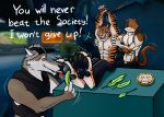 4_fingers abs anthro belt black_bottomwear black_clothing black_pants black_pawpads black_stripes bodily_fluids bottomwear brown_body brown_fur calico_cat canid canine canis cheek_tuft claws clothed clothing crying dialogue domestic_cat drooling english_text epic_games eyes_closed facial_tuft fangs feet felid feline felis finger_claws fingers foot_fetish foot_lick foot_play fortnite fur fur_tuft furgonomic_headwear furgonomics green_loose_feather grey_body grey_fur group hi_res licking looking_at_foot loose_feather male male/male mammal meowscles motion_lines multicolored_body multicolored_fur muscular muscular_anthro muscular_male nipples orange_body orange_fur oscar_(fortnite) pantherine pants pawpads paws pecs saliva saliva_on_foot saliva_on_tongue snout striped_body striped_fur stripes suspenders tail talking_to_another tears teeth text tickle_fetish tickling tickling_armpits tickling_feet tiger tigre-io tigrio_prulsan toe_claws tongue tongue_out topless topless_anthro topless_male trio tuft wendell_(fortnite) white_body white_fur wolf yellow_sclera