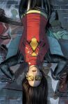  1girl black_gloves black_hair black_pants black_sleeves glasses gloves highres long_hair looking_at_viewer marvel mattia_de_iulis pants print_shirt red_shirt shirt solo spider-man_(series) spider-woman tinted_eyewear upside-down yellow-tinted_eyewear 