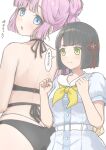  &gt;:( 2girls absurdres alternate_costume anyoji_hime ass back bikini black_bikini blue_dress blue_eyes blunt_bangs blunt_ends blush bob_cut breast_pocket clenched_hands closed_mouth commentary_request dress flower flower_knot frown green_eyes hair_flower hair_ornament halterneck hasu_no_sora_school_uniform highres link!_like!_love_live! lone_nape_hair love_live! median_furrow momose_ginko multi-strapped_bikini_bottom multiple_girls neckerchief pink_hair pleated_dress pocket puffy_short_sleeves puffy_sleeves sailor_collar sailor_dress school_uniform short_hair short_sleeves shoulder_blades speech_bubble split_mouth string_bikini summer_uniform swimsuit thought_bubble translation_request v-shaped_eyebrows virtual_youtuber white_background white_sailor_collar yellow_neckerchief zacuro 