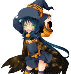  1girl alchemist_(ragnarok_online) alternate_color animal_ear_fluff animal_ears black_dress black_hat black_thighhighs blue_hair blush brown_cape cape cat_ears cat_girl commentary_request cowboy_shot detached_sleeves dress flat_chest green_eyes halloween hat highres long_hair looking_at_viewer meiko_(nattu303) open_mouth orange_hair orange_thighhighs print_cape ragnarok_online simple_background smile solo starry_sky_print strapless strapless_dress striped_clothes striped_thighhighs thighhighs very_long_hair white_background witch_hat 