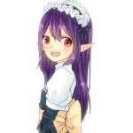  1girl arch_bishop_(ragnarok_online) back_bow black_dress black_hairband blush bow commentary_request dress frilled_hairband frills from_side hairband long_hair looking_at_viewer meiko_(nattu303) open_mouth pointy_ears purple_hair ragnarok_online red_eyes round_teeth simple_background slit_pupils smile solo teeth two-tone_dress upper_body upper_teeth_only white_background white_dress yellow_bow 