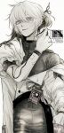  1other closed_mouth coat gloves greyscale gyujik_qzc hand_up highres id_card looking_at_viewer male_focus medicine_pocket medium_hair monochrome pants reverse:1999 shirt side_ponytail single_off_shoulder sleeve_pushed_up solo upper_body 